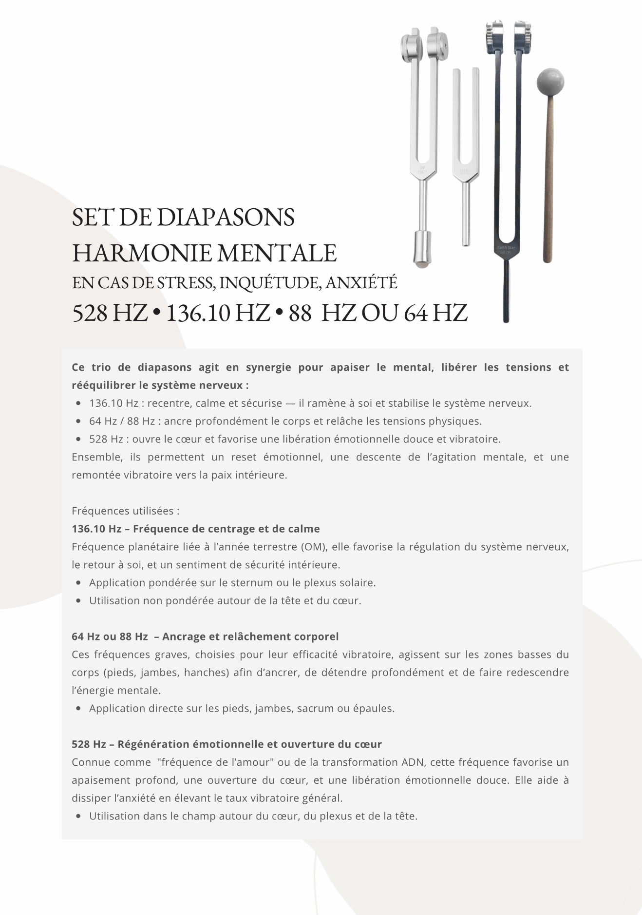 Set de diapasons Harmonie Mentale – 88 Hz • 136.10 Hz • 528 Hz
