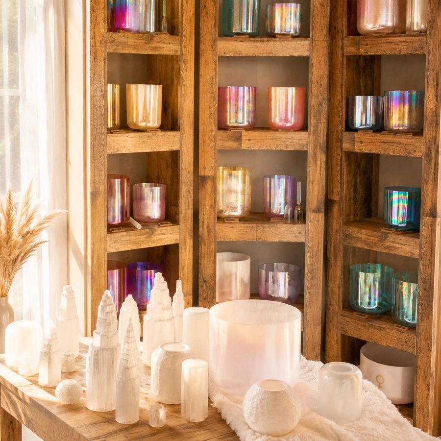 Étagères de bols en cristal à la Boutique Sonore de Cudrefin