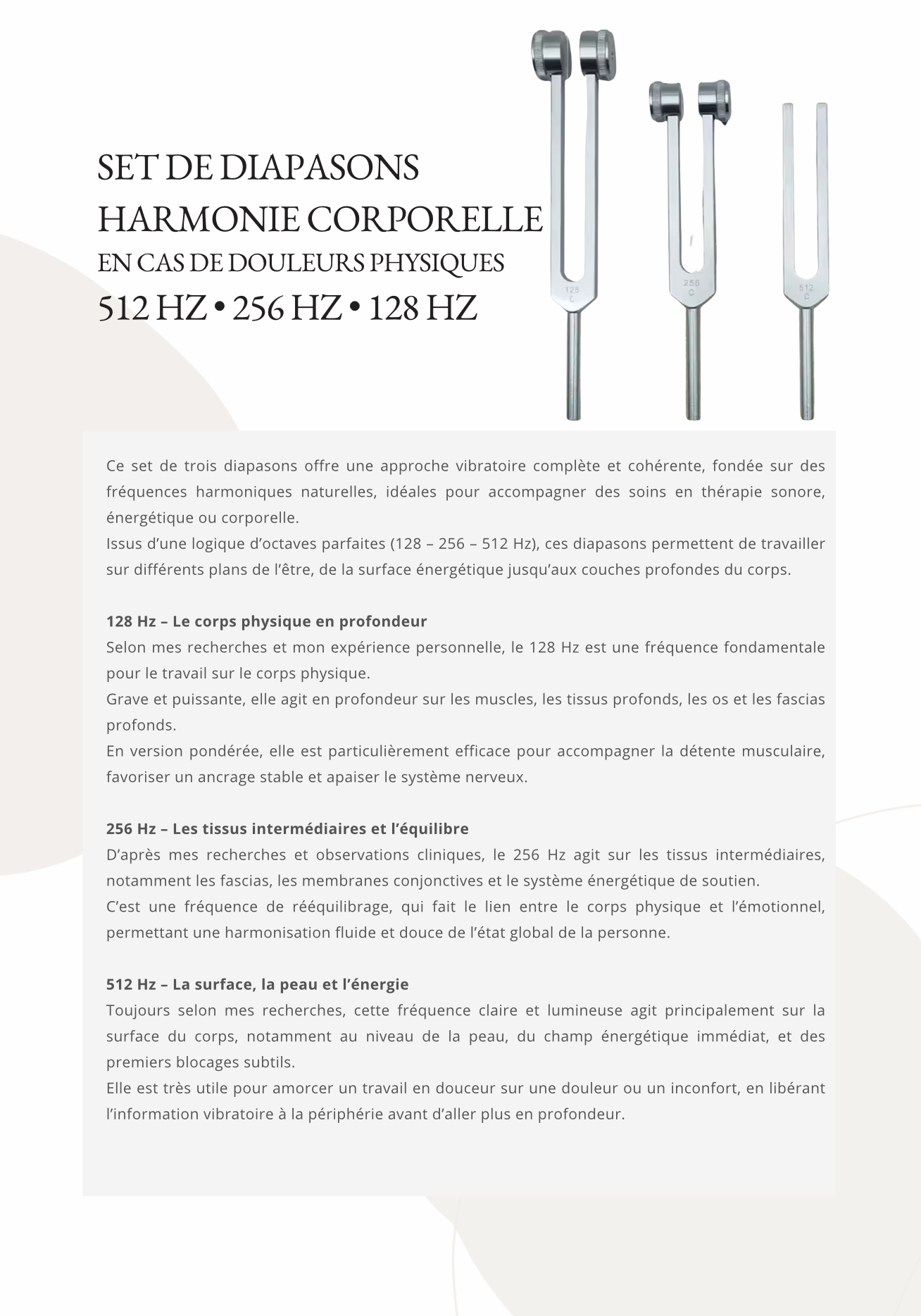 Set de diapasons Harmonie Corporelle – 128 Hz • 256 Hz • 512 Hz