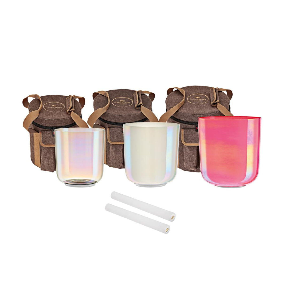 Set de trois bols chantants en cristal Essence irisés, transparent, crème et rose, avec leurs sacs
