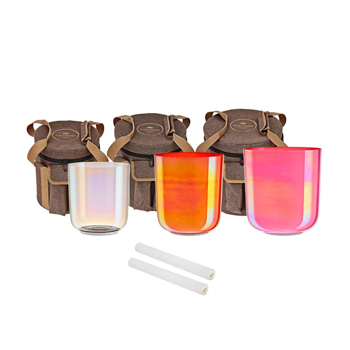 Set de trois bols chantants en cristal Essence irisés, transparent, orange et rose, avec leurs sacs