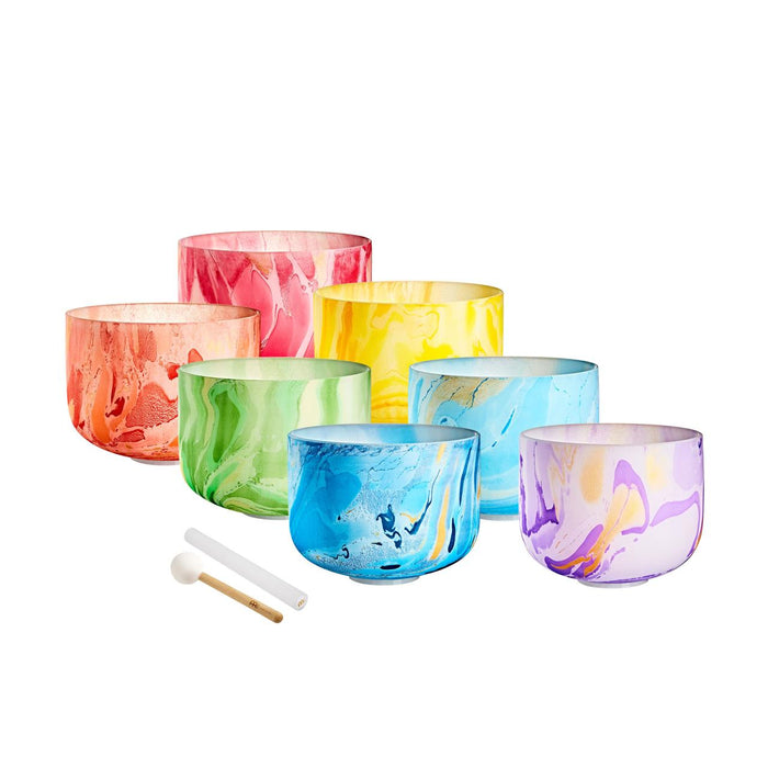 Set de sept bols chantants en cristal marbrés aux couleurs des chakras