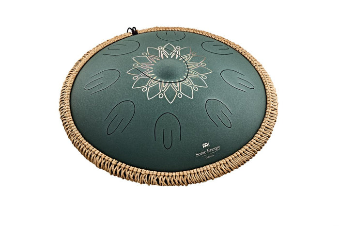 Steel tongue drum d'octave Meinl vert avec mandala gravé, 9 notes, Fa♯ mineur (F# minor), 432 Hz