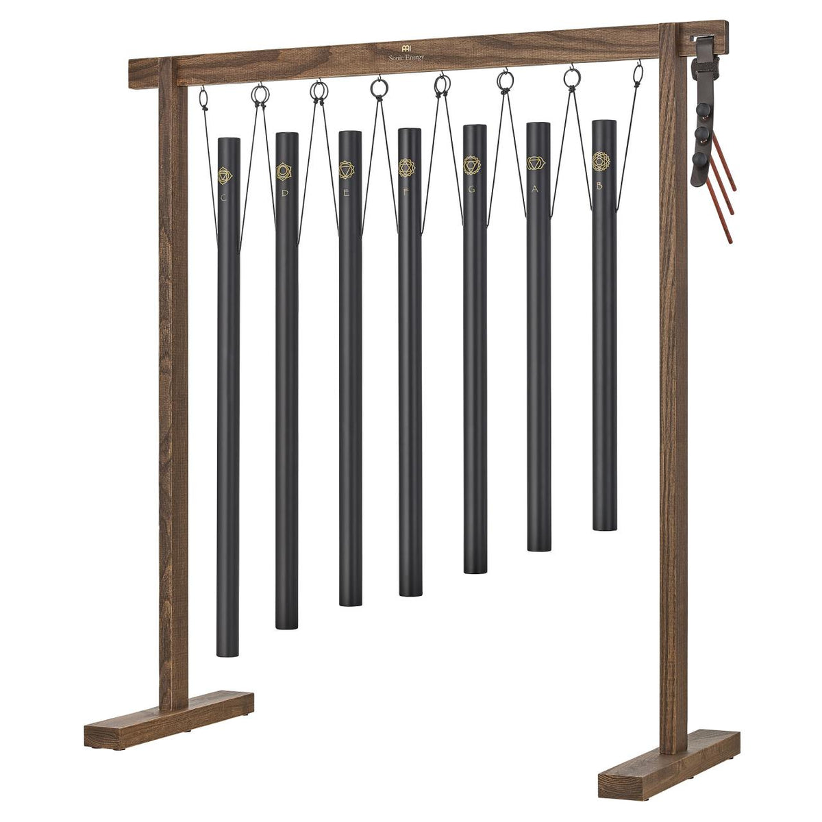 Set de 7 carillons tubulaires noirs pour bain sonore et chakras sur support en bois