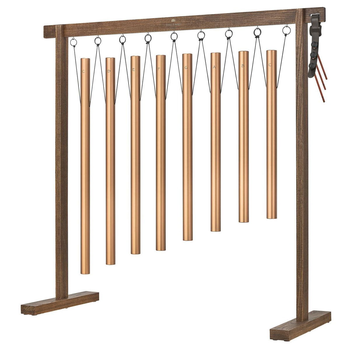 Set de 8 carillons tubulaires bronze pour bain sonore sur support en bois