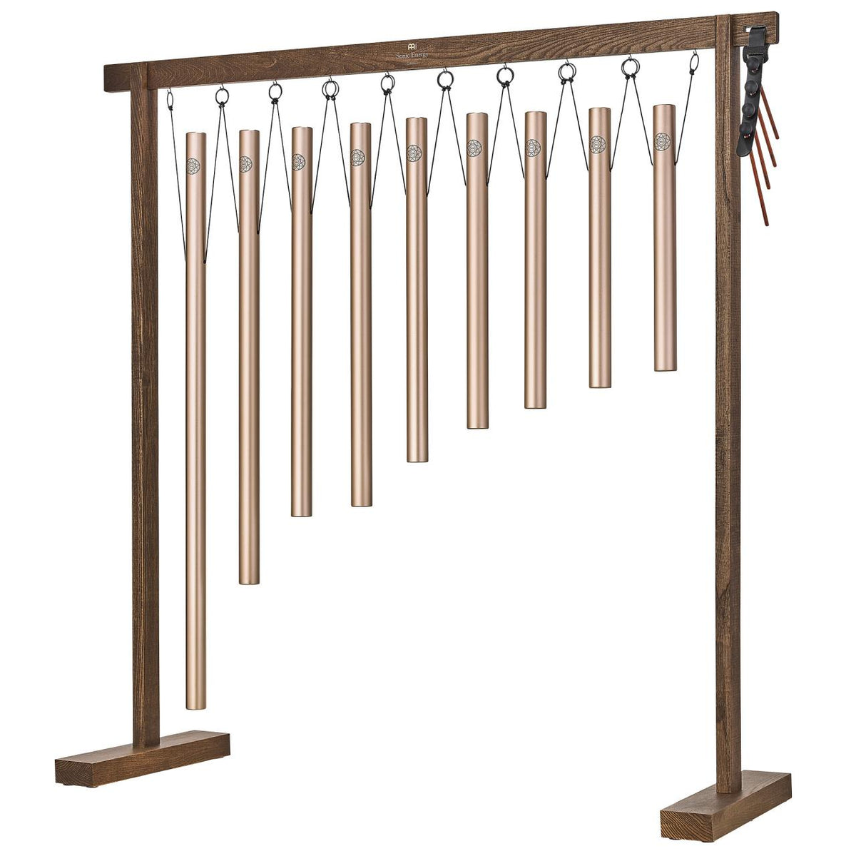 Set de 9 carillons tubulaires Solfeggio or champagne pour bain sonore sur support en bois