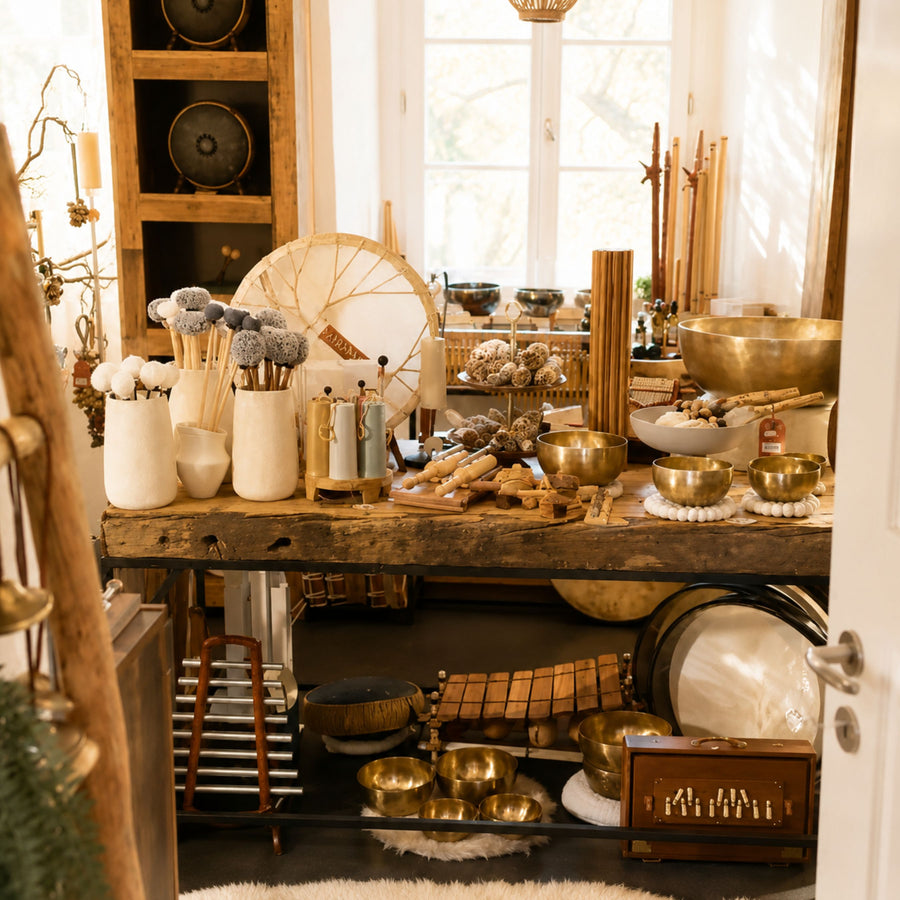 Grande table d'instruments, bols chantants et gongs à la boutique de Cudrefin