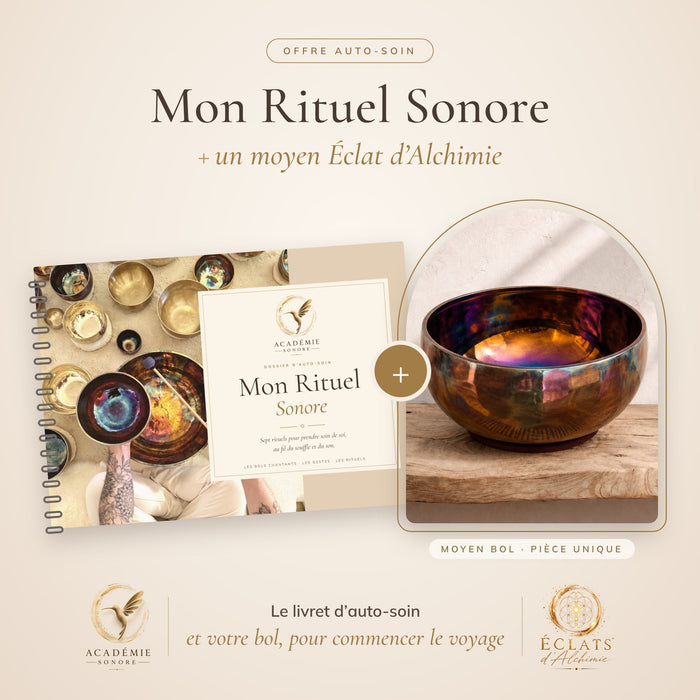 Livret Mon Rituel Sonore et moyen bol Éclat d’Alchimie fait main